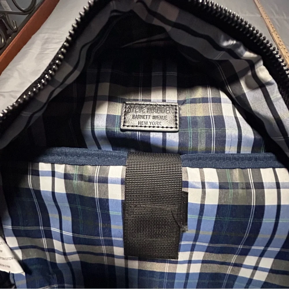 Steve Madden Black Leather Backpack Blue Plaid Lining